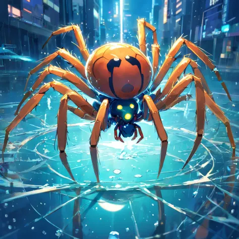 A cybernetic spider is being kept in a drop of water