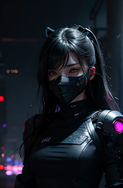 "In the dark alley of a futuristic cyberpunk city、Design a scene where a cyberpunk AI beauty with a mechanical mask in her mouth emerges from the darkness。"