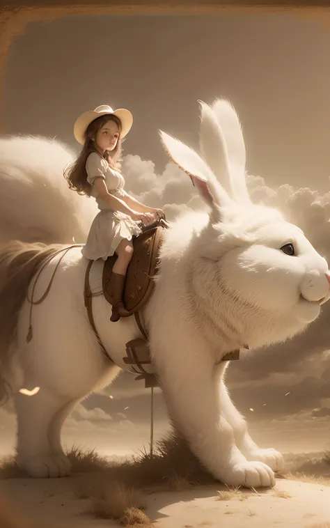 girl riding on top of a fat giant extremely fluffy white bunny, fantasy, sepia tone, 8k resolution, old time photographs faded and scratched.