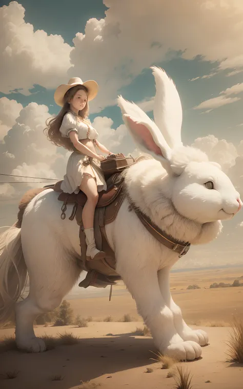 girl riding on top of a fat giant extremely fluffy white bunny, fantasy, sepia tone, 8k resolution, old time photographs faded and scratched.