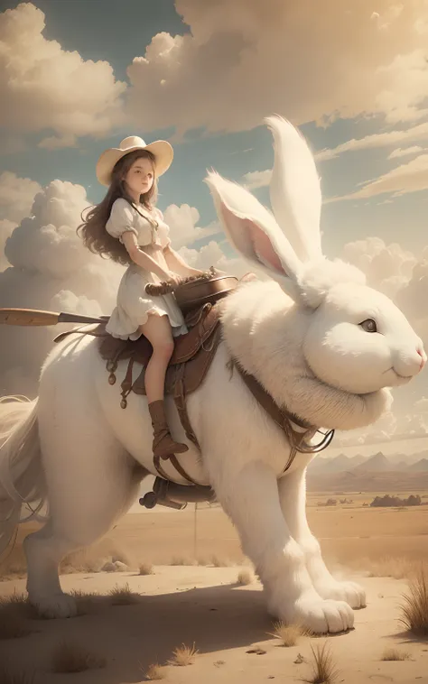 girl riding on top of a fat giant extremely fluffy white bunny, fantasy, sepia tone, 8k resolution, old time photographs faded and scratched.