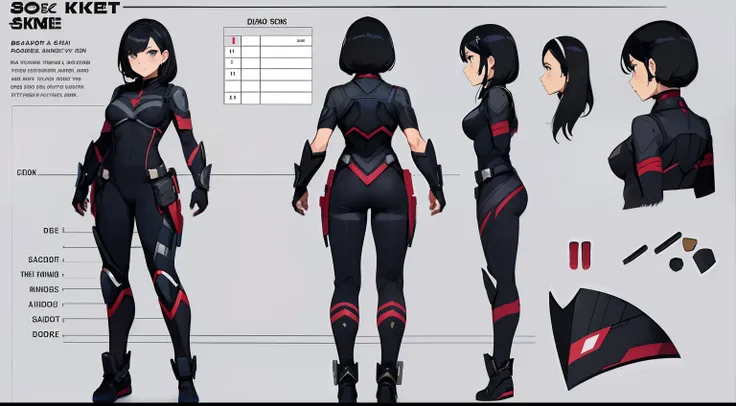 (character sheet),solo,A teen age girl , highlighted black hair, wearing super hero suit,line art , ,character sheet detailed,3 different angles, highly detailed body parts