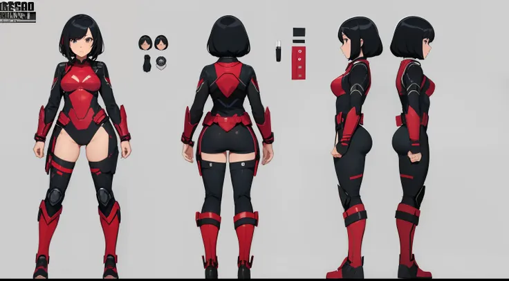 (character sheet),solo,A teen age girl , highlighted black hair, wearing super hero suit,line art , ,character sheet detailed,3 different angles, highly detailed body parts