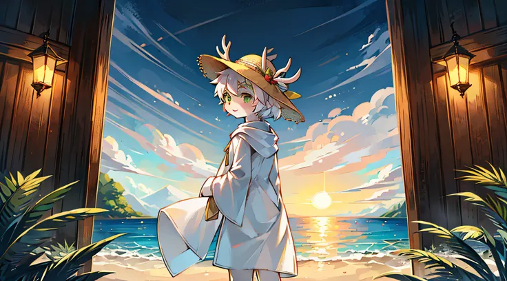 A white deer，Green eyes，long white robe，sandbeach，the ocean，the setting sun，flowing robe，eventide，Straw Hat Hat，Shota，adolable，facing away from the audience，having fun，Expectant eyes，deer antlers，gentleness，