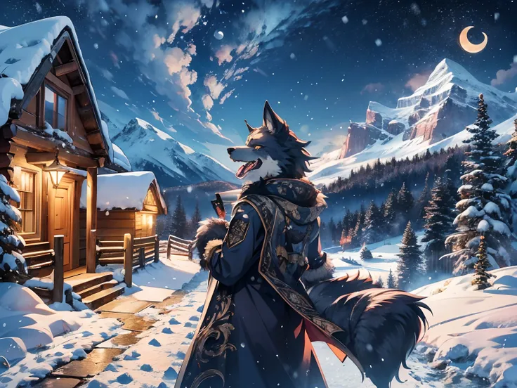 masterpiece, character focus, werewolf, wearing coat, crazy smile, long tongue, knocking, from behind, mountain cabin, snowy valley, outdoor, night, crescent moon, snowing