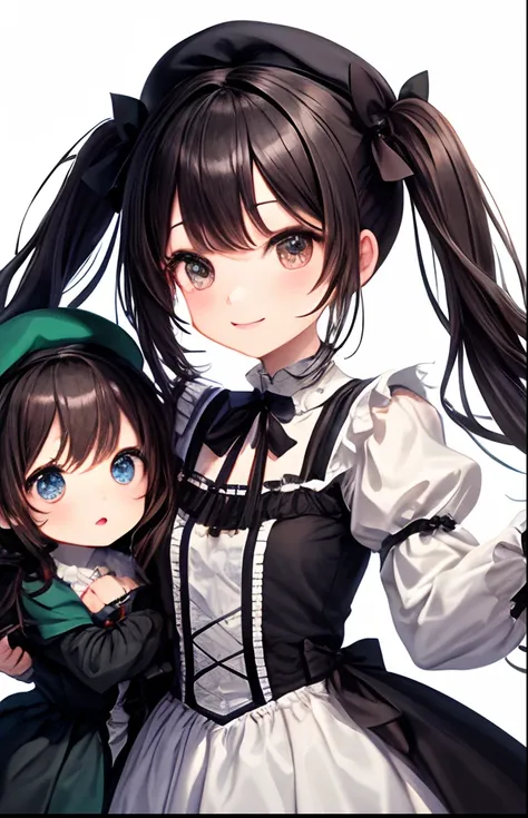 girl with、No background、without background、Background through、Black hair、A dark-haired、Black eyes、Black eyes、Small twin tails on top、Small double knots、half up、White beret、beret、bow ribbon、frilld、Gothic lolita、Lolita Fashion、Heavy dresses、White Dress、robe ...