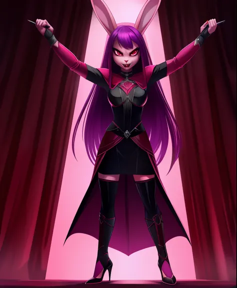 Perceval the female dark pink rabbit, dark red, pink, purple and violet hair, red lipstick, sharp fangs, dark outfit, red evil eyes, full body view