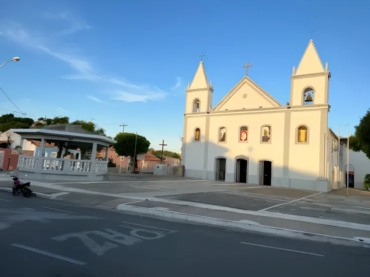 There is a white church with a clock tower in front, igreja no fundo, catedral, Beautiful image, vista externa, imagem profunda, vista das ruas, town square, em Chuquicamata, Fotografia tirada em 2 0 2 0, Completo - Ver, Vista frontal, lugar santo, bispo d...