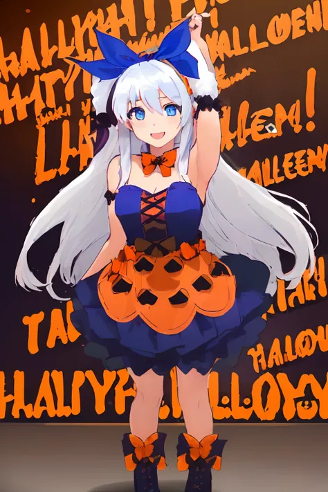 ((((1 girl)))), ((((solo)))), fullbody, ((((white hair)))), long hair, ((((blue hairribbon)))), ((((blue eyes)))), happy, smile, 18 year old, dynamic angle,  (((wearing a pumpkin halloween costume))),  standing in Halloween cosplay parade a night , in toky...