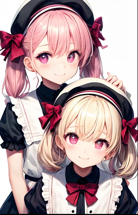 girl with、No background、without background、Background through、White blonde、Pink ash、Pink eyes、Pink eyes、Small double knot、Small twin tails below、beret、bow ribbon、A smile、kawaii、2guys、twinsies、There are two of them、ami、2guys、No background