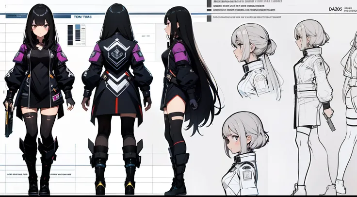 (character sheet),solo,A teen age girl , highlighted black hair, wearing a cool outfit,line art , ,character sheet detailed,3 different angles, highly detailed body parts