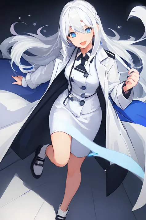 ((((1 girl)))), ((((solo)))), fullbody, ((((white hair)))), long hair, ((((blue eyes)))), happy, smile, 18 year old, dynamic angle,  (((Doctor’s Coat))),  Halloween cosplay