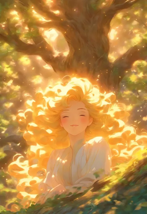 /imagine prompt: An enchanting lady, her hair like gossamer spun silver, reclining beneath the sprawling boughs of a majestic oak tree. The air is infused with a dreamy, ethereal quality as shafts of golden light filter through the dense foliage, and a cre...