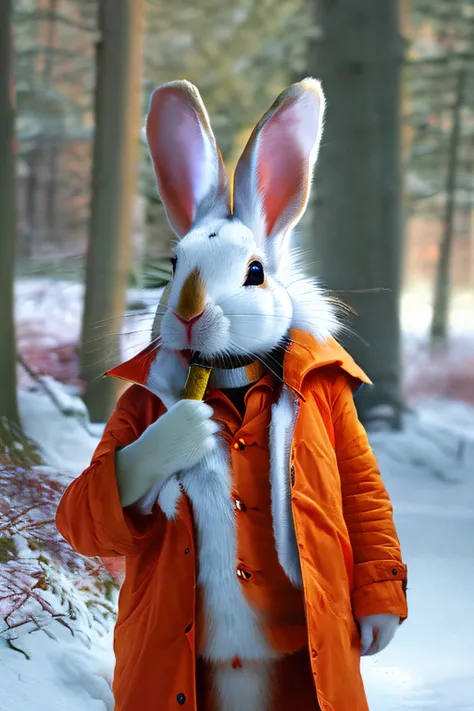 A white rabbit wearing an orange coat，Draw with a map, the white rabbit, White rabbit, anthropomorphic rabbit, 《alice in the wonderland》of the subject, like alice in wonderland, portrait of alice in wonderland, hyperrealistic fantasy art, heather theurer, ...