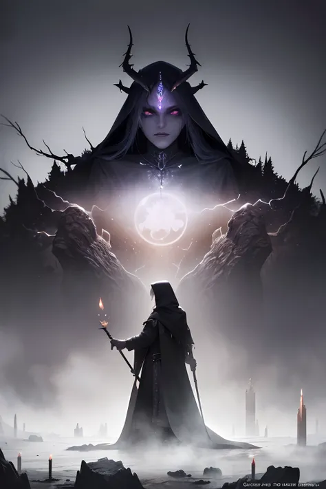 (best quality,ultra-detailed),dark man mage,full body,medieval,ruins,horned hooded cloak,ancient atmosphere,dusty,weathered stone,mysterious,enchanted,dark magic,mystical glow,sorcerer,spellcasting,staff of power,moonlit sky,ominous clouds,haunting shadows...