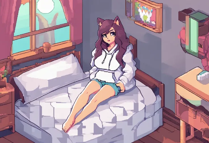 petite lady on bed, wearing white hoodie and a bikini bottom, cat mouth, smug, (:3:1.0), pixel art