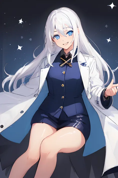 ((((1 girl)))), ((((solo)))), fullbody, ((((white hair)))), long hair, ((((blue eyes)))), happy, smile, 18 year old, dynamic angle,  (((Doctor’s Coat))),  Halloween cosplay, in tokyo