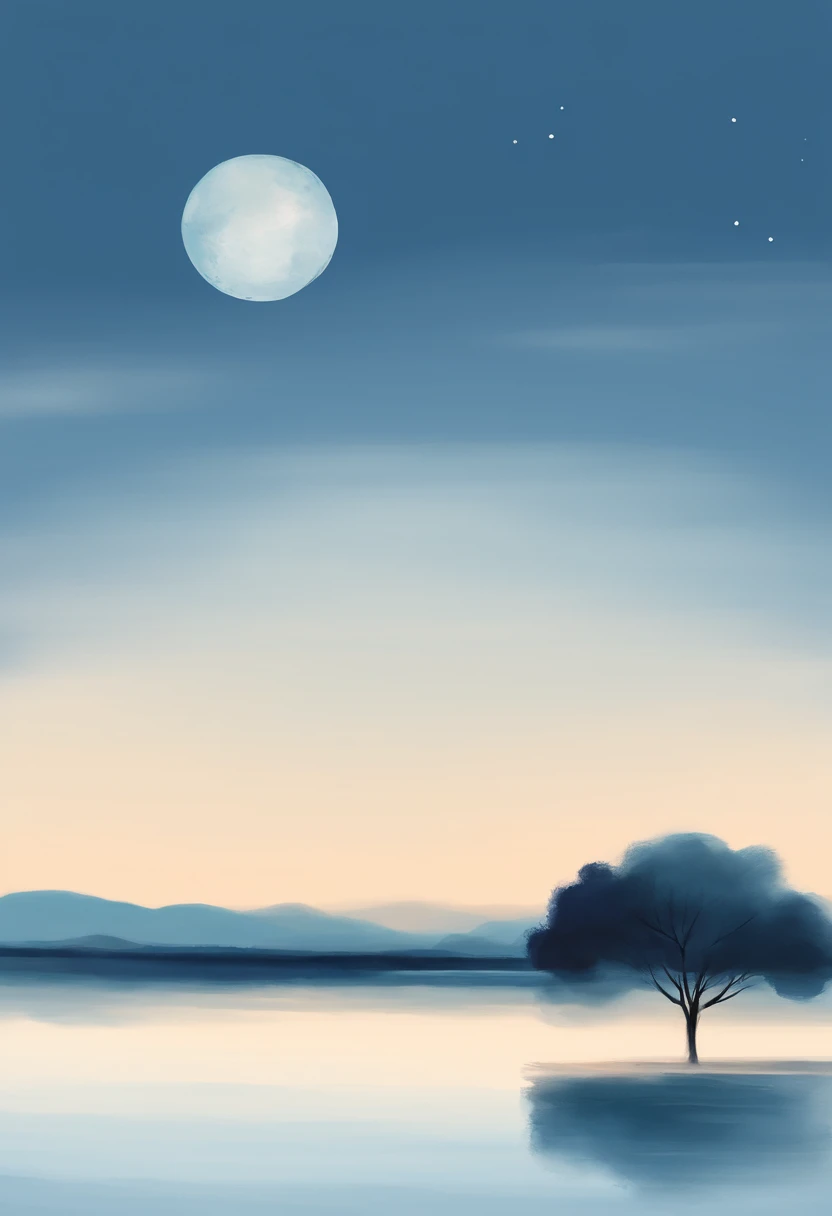 Simple landscape painting，Ancient wind，Around eleven oclock in the evening，Clouds，themoon，naive，Hand drawn watercolor，Star blue