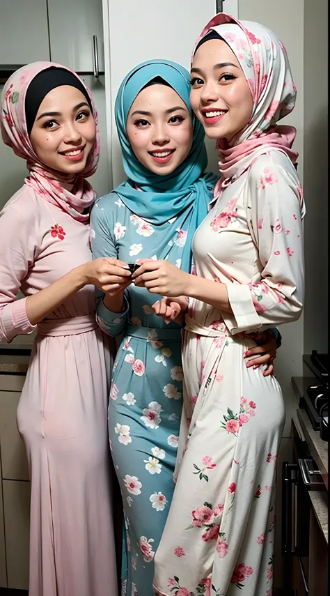 4 beautiful malay girl in pastel color hijab taking picture in modern kitchen, wear pastel blue and white floral pattern baju ku...