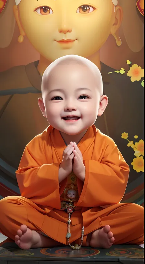 Smiling baby in orange robe sitting in front of a painting of a smiling Buddha, lovely digital painting, Buddhist, monk clothes, Portrait shooting, buddhist monk, monk meditation, adorable digital art, monk, Buddhism, portrait of monk, high quality portrai...