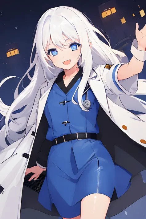 ((((1 girl)))), ((((solo)))), fullbody, ((((white hair)))), long hair, ((((blue eyes)))), happy, smile, 18 year old, dynamic angle,  (((Doctor’s Coat))), nurse,  Halloween cosplay, in tokyo