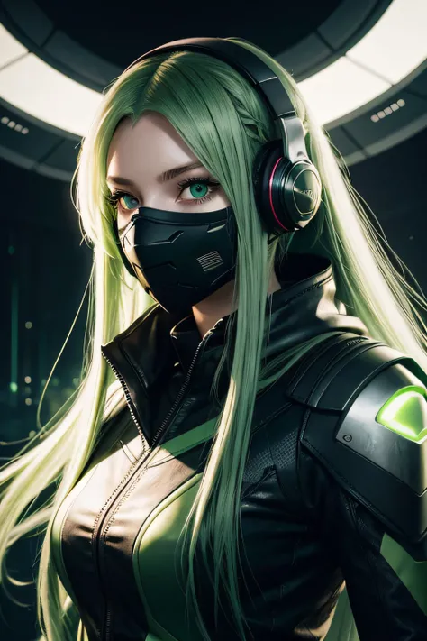 girl with long green hair, green eyes, futuristic vibes, mask on mouth, headphones, 8k, high quality, simple background, glowing eyes, nice pose