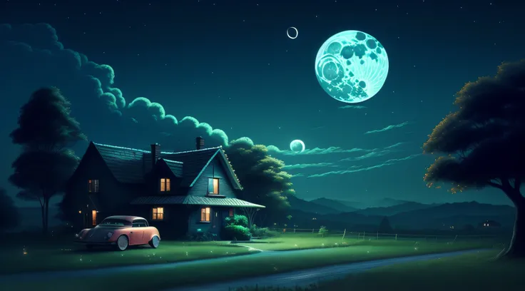 night scene with a house and a car in the foreground, moonlit night dreamy atmosphere, hd wallpaper, at night with full moon, beautiful moonlight night, background artwork, high quality wallpaper, at night with moon light, amazing wallpaper, beautiful wall...