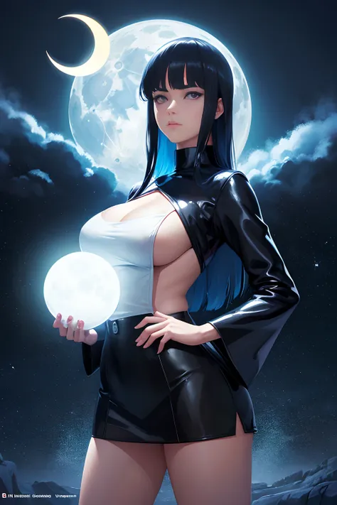 Guy Billout, Surreal, mysterious, strange, fantastic, fantasy, Sci-fi, Japanese anime, beautiful girl in a miniskirt, perfect voluminous body, crescent moon, moonlight realm, traveler only at night, the moon and stars sleeping on earth, hyper detailed mast...