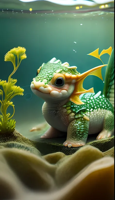 Cute baby dragon with fish and seaweed,Full-figured,Raw photo, Realism,There are a lot of small fish swimming in it