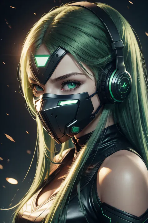 girl with long green hair, green eyes, futuristic vibes, mask on mouth, headphones, 8k, high quality, simple background, glowing...