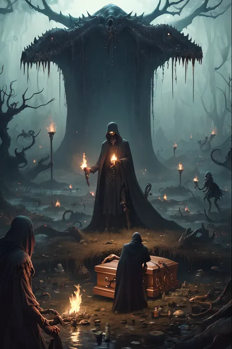 A grim illustration of a pallbearer in a cobwebbed cloaked face rotted away to bone, one hand on the open coffin, the other bearing a torch with sharp wire. They stand in a swamp surrounded by grotesque abominations of the lovecraftian sort