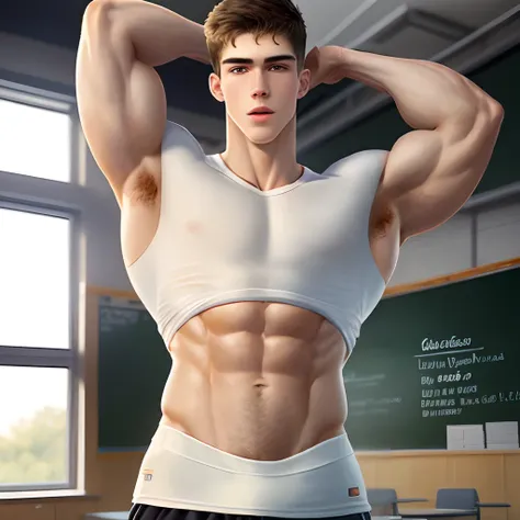 very tall teen guy in school flexing huge muscles in tight small shirt upper chest showing