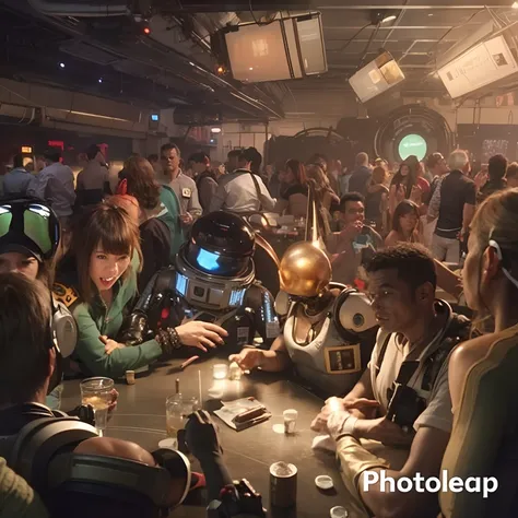 crowded Bar, with Astronauts, aliens, robots, futuristic, sci-fi, playing a poker