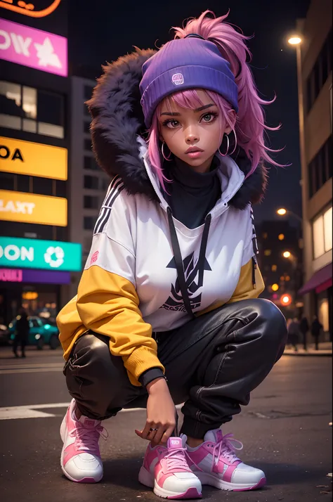 Gere uma imagem de uma mulher com estilo hip hop, em um ambiente urbano noturno. Ela veste uma jaqueta oversized com estampas urbanas, uma camiseta de grafite com cores vibrantes e letras em destaque. Loose, stripped-down trousers with an eye-catching belt...