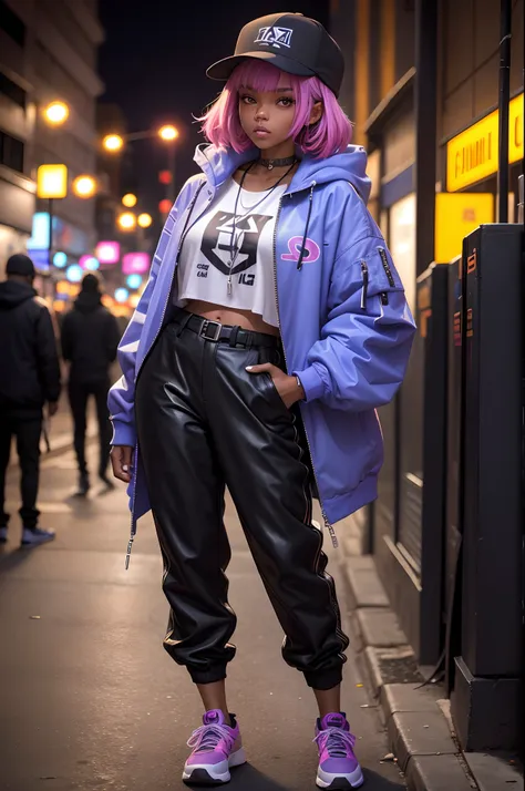 Gere uma imagem de uma mulher com estilo hip hop, em um ambiente urbano noturno. Ela veste uma jaqueta oversized com estampas urbanas, uma camiseta de grafite com cores vibrantes e letras em destaque. Solto, Stripped-down trousers with an attractive belt, ...