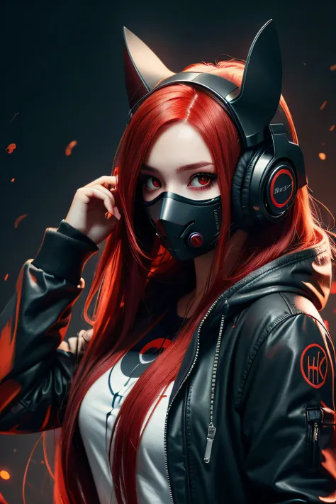 girl with long red hair, red eyes, futuristic vibes, mask on mouth, headphones, 8k, high quality, simple background, glowing eye...