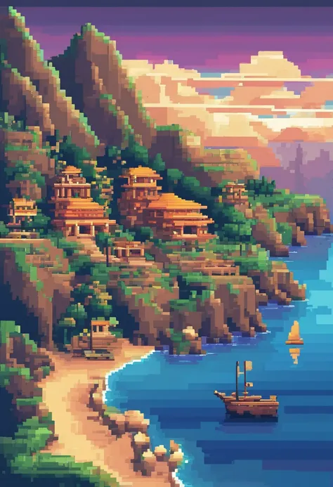 Landscape of the tourist destination Pixel Art. Noite. Pixel Art 3D Papel de parede 4K. Amazing pixel art details. Pixel Art. Ondas de vapor. Pixel Art detalhado do mecanismo irreal