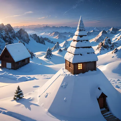 finest image, (8k, RAW photo, realistic), Mountain hut in the snowy mountains in winter, It has a strong structure with an acute triangular roof made of stacked stones, Starry skies, The morning sun is rising, detailed and delicate depiction, professional ...