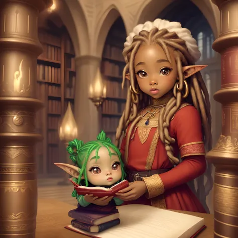 A small petite big eyed child like African American female Elf with dreads in a Fantasy castle library