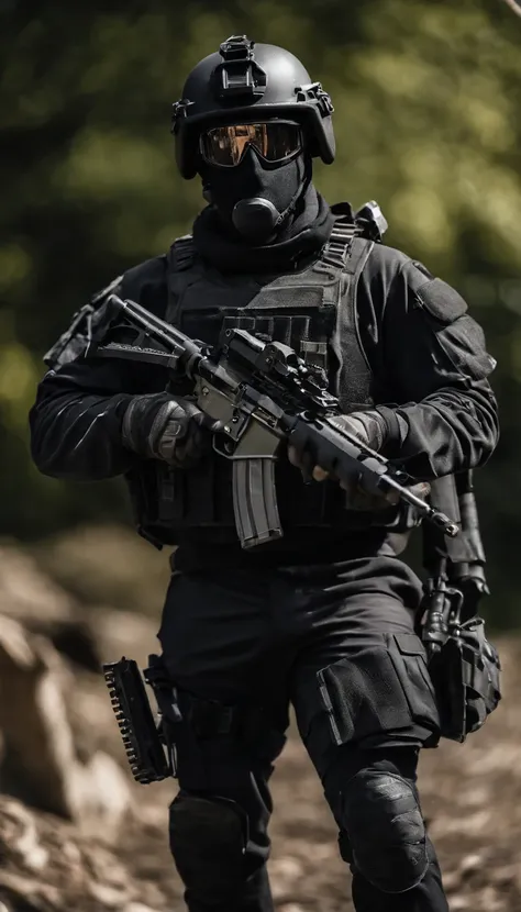 (Best quality,4K,8K,A high resolution,Masterpiece:1.2),Ultra-detailed,(Realistic,Photorealistic,photo-realistic:1.37), One of them wore a black SWAT uniform，Man in black helmet, A man in a black mask holds a gun, Air rifle CQB, French Special Operations, r...