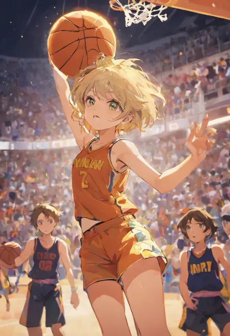 Anime girl, flat colours, playing basketball, spinning basketball on finger, masterpiece, short hair, showing breasts, wearing thong, dynamic pose