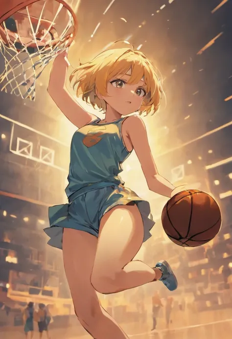 Anime girl, flat colours, playing basketball, spinning basketball on finger, masterpiece, short hair, showing breasts, wearing thong, dynamic pose