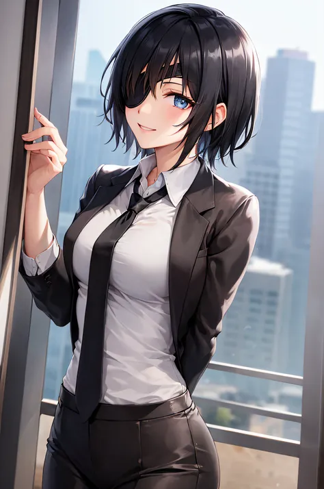 1girl, hmn1, short hair, black hair, blue eyes, (eyepatch:1.1), smile,
break white shirt, collared shirt, black necktie, black p...