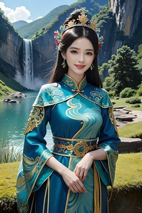 A woman wearing a blue Chinese dress，Phoenix crown，（tmasterpiece，top Quority，best qualtiy，offcial art，Beauty and aesthetics：1.2），（1girll：1.3），The is very detailed，（s fractal art：1.1），Most detailed，（ zentangle:1.2), full bodyesbian, (abstract backgrounds:1....