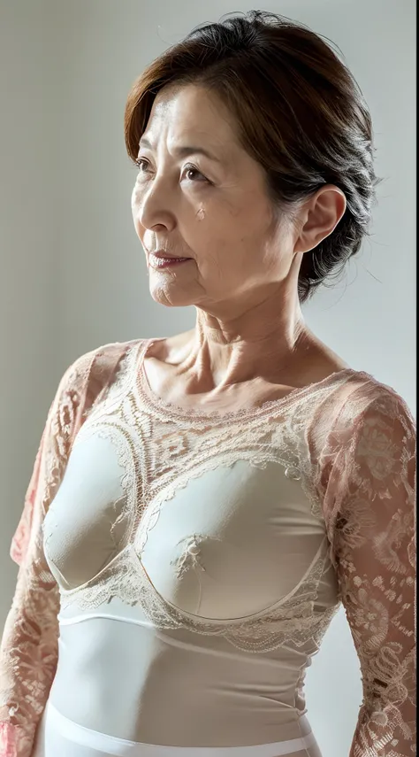 Sharpen, Flat color background, ((Close-up of aunts face:1.3)), gravure, masutepiece, Best Quality, Ultra-detailed, Photorealistic, super detailed skin, Perfect Anatomy, (1 japanese mature woman), (Solo), 90 years old, Old age, panties on, bra very, Keep y...