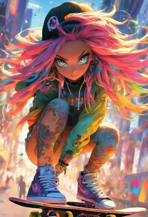 The most beautiful and sexy skateboarding girls, rainbow-colored hair, Yellow eyes, Wearing hoodie, graphic t-shirt, Torn skinny jeans and highly detailed skateboarding gear, Lots of tattoos and piercings, Highly detailed background, perfect masterpiece, H...