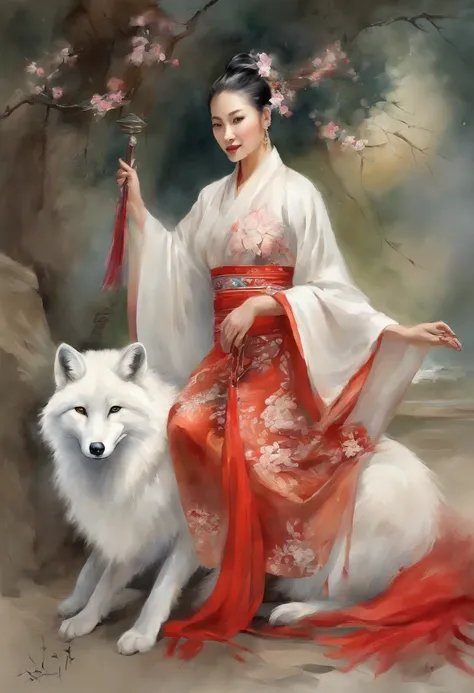 Hermosa chica china se droga con Hanfu, next to a graceful nine-tailed white fox. realista, The Low-Angle Shot, junto con los tonos rojos y blancos claros utilizados. The girl radiates confidence and strength, mientras que el zorro emana un aura de encanta...