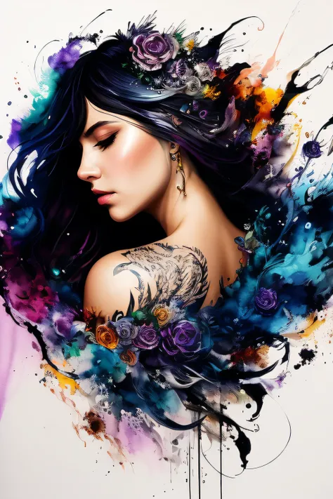 Colorful beautiful woman: Black ink flow: 8k resolution photorealistic masterpiece: by Aaron Horkey and Jeremy Mann: intricately detailed fluid gouache painting: by Jean Baptiste Mongue: calligraphy: acrylic: watercolor art, professional photography, natur...