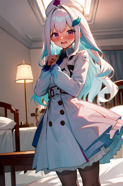 One girl with long wavy hair, white hair, looking at viewer, embarrassed, blushing, tears, open mouth, indoor , nurse, white shirt, puff long sleeves, mini skirt, thigh, perfect waist, noon atmosphere, hair ornament, standing, bed , lace gloves, pantyhose,...