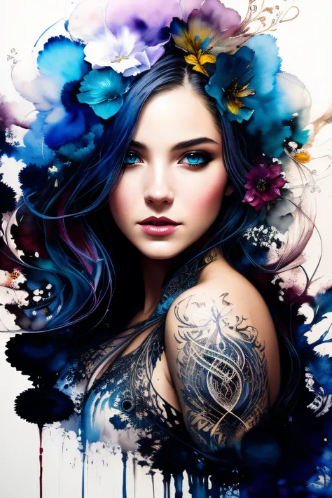 Colorful beautiful woman: Black ink flow: 8k resolution photorealistic masterpiece: by Aaron Horkey and Jeremy Mann: intricately detailed fluid gouache painting: by Jean Baptiste Mongue: calligraphy: acrylic: watercolor art, professional photography, natur...